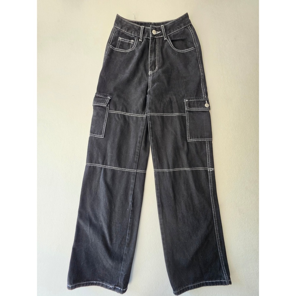 SHEIN Tall XS‎ Black Wide Leg Cargo Jeans High Rise Contrast Stitch Y2K Goth